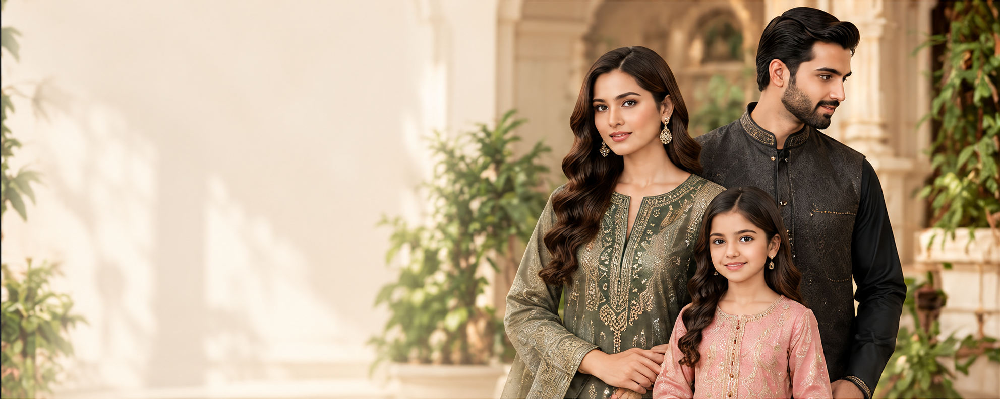 Family wearing embroidered olive, charcoal and blush pink Pakistani outfits in a warm courtyard
